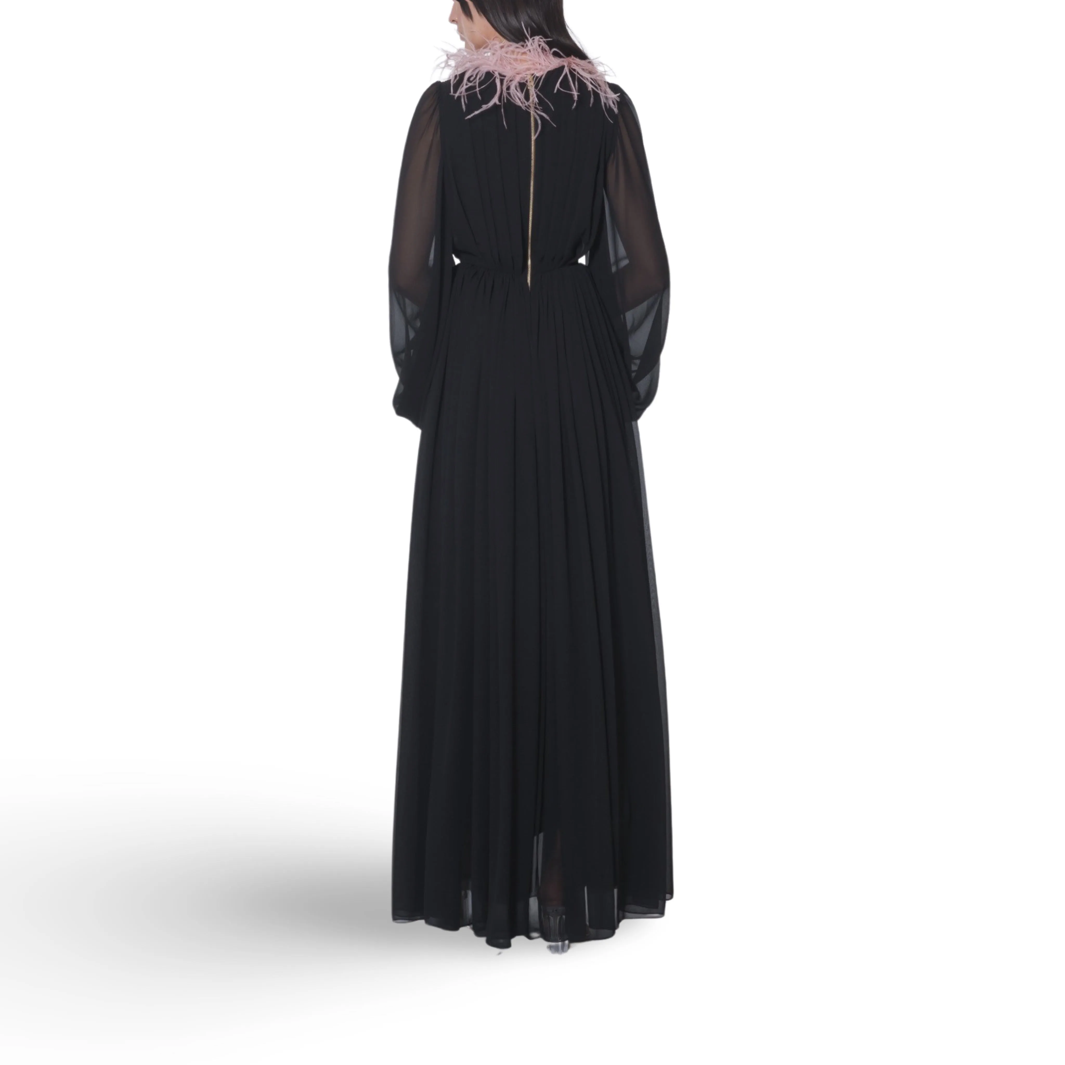 Black Feathered Sleeve Long Dress