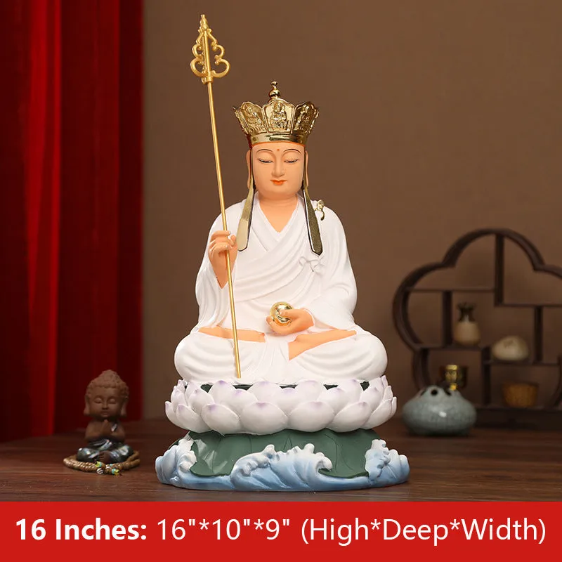 White Clothes Ksitigarbha Bodhisattva Buddha Statue, Lotus Leaf Resin Material