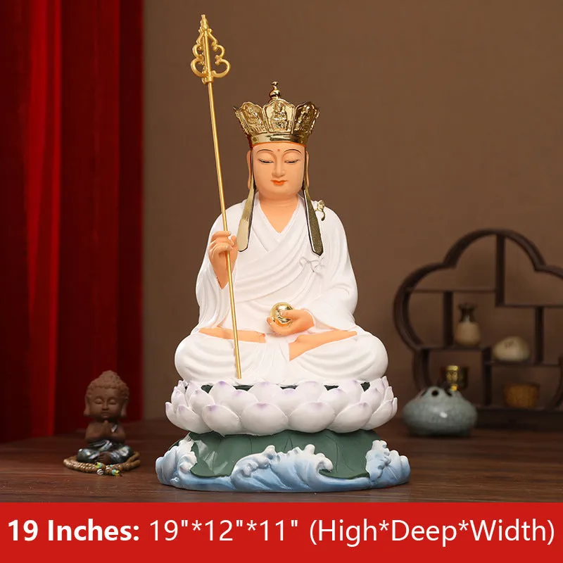 White Clothes Ksitigarbha Bodhisattva Buddha Statue, Lotus Leaf Resin Material