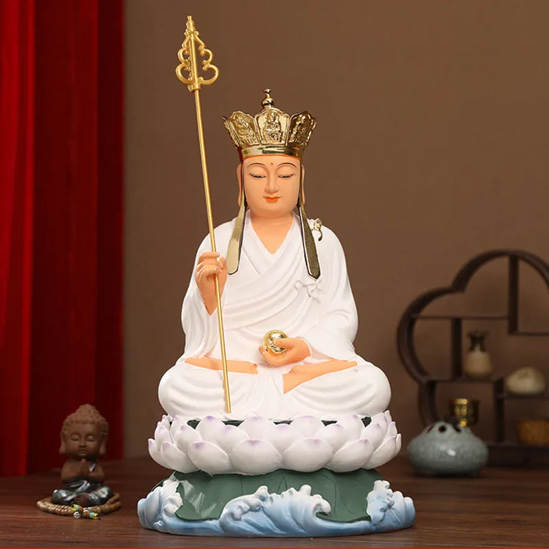 White Clothes Ksitigarbha Bodhisattva Buddha Statue, Lotus Leaf Resin Material