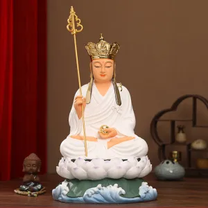 White Clothes Ksitigarbha Bodhisattva Buddha Statue, Lotus Leaf Resin Material